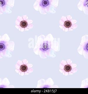 Motif sans couture anemone dessiné à la main. Aquarelle fleurs violettes et roses sur fond blanc. Scrapbook design, typographie poster, étiquette, bannière, te Banque D'Images