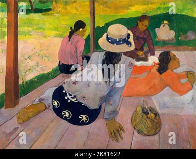 Tahiti: 'La Sieste' (la Siesta). Peinture à l'huile sur toile par Paul Gauguin (7 juin 1848 - 8 mai 1903), c. 1892-1894. Paul Gauguin est né à Paris en 1848 et a passé une partie de son enfance au Pérou. Il a travaillé comme courtier en Bourse avec peu de succès et a souffert de crises de dépression grave. Il a également peint. En 1891, Gauguin, frustré par le manque de reconnaissance à la maison et financièrement indigente, navigue vers les tropiques pour échapper à la civilisation européenne et "tout ce qui est artificiel et conventionnel". Son temps il y avait le sujet de beaucoup d'intérêt à l'époque et dans les temps modernes. Banque D'Images