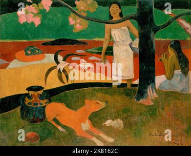 Tahiti: 'Pastoriales Tahitiennes' (Pastorale de Tahiti). Peinture à l'huile sur toile par Paul Gauguin (7 juin 1848 - 8 mai 1903), 1892. Paul Gauguin est né à Paris en 1848 et a passé une partie de son enfance au Pérou. Il a travaillé comme courtier en Bourse avec peu de succès et a souffert de crises de dépression grave. Il a également peint. En 1891, Gauguin, frustré par le manque de reconnaissance à la maison et financièrement indigente, navigue vers les tropiques pour échapper à la civilisation européenne et "tout ce qui est artificiel et conventionnel". Son temps il y avait le sujet de beaucoup d'intérêt à l'époque et dans les temps modernes. Banque D'Images