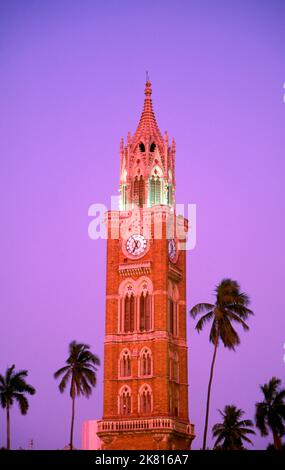 Inde: La tour de l'horloge du Rajabai, Université de Mumbai, fort campus, Mumbai, construit dans le style gothique‚ Bombay. L'Université de Bombay, telle qu'elle était connue à l'origine, a été créée en 1857. La tour Rajabai et l'édifice de la bibliothèque ont été conçus par Sir George Gilbert Scott et achevés en 1878. Banque D'Images