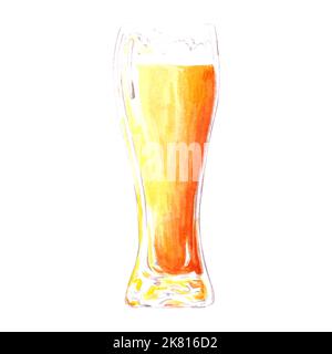 Bière aquarelle dessinée à la main dans un verre sur fond blanc. Étiquette, bannière, typographie, poster, scrapbook Banque D'Images