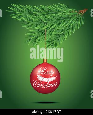 Boule d'arbre de Noël rouge accrochée à une branche d'épinette verte. Sur fond vert. Modèle pour texte, élément de conception Illustration de Vecteur