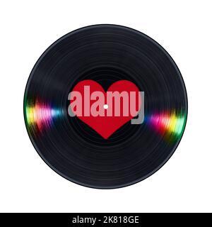 Photo de Black Vinyl Record avec centre en forme de coeur vierge qui peut être marqué et reflets colorés, isolé sur fond blanc. Banque D'Images