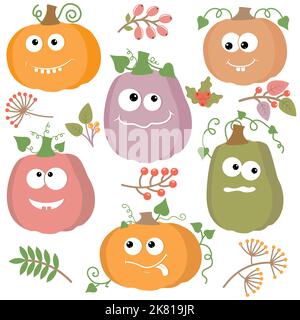 Un ensemble de citrouilles kawaii et de plantes d'automne avec baies, illustration de style cartoon à vecteur isolé. Illustration de Vecteur