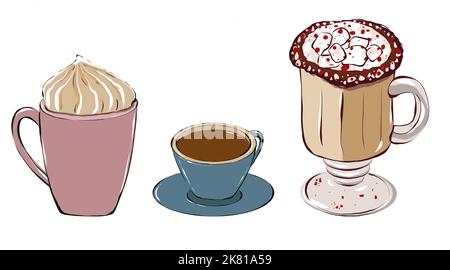 Ensemble de tasses à café avec café et mousse douce. Illustration du dessin manuel isolée sur fond blanc Banque D'Images