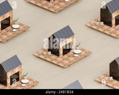 3d rendu de bois qui maison. Cabine modulaire avec terrasse et panneaux solaires Banque D'Images