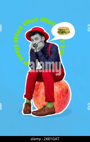 Illustration verticale créative de collage de triste mécontent mec sur régime rêvant de la restauration rapide isolée sur fond bleu Banque D'Images