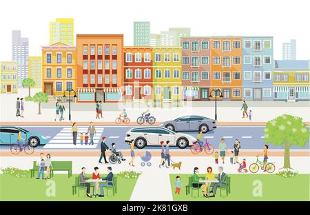 Silhouette de ville avec piétons dans le quartier résidentiel avec parc de la ville, illustration Illustration de Vecteur