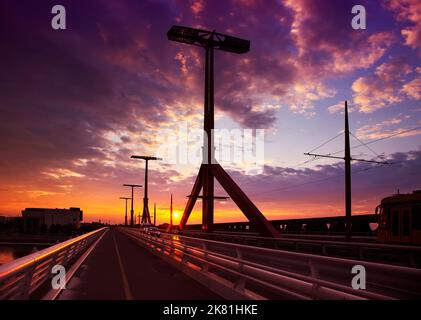 Détail du pont Lagymanyosi ou Rakoczi au lever du soleil à Budapest, Hongrie Banque D'Images