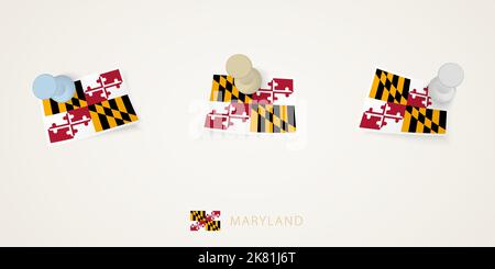Drapeau punaisé du Maryland de différentes formes avec coins torsadés. Vue de dessus des punaises vectorielles. Drapeau défini. Illustration de Vecteur