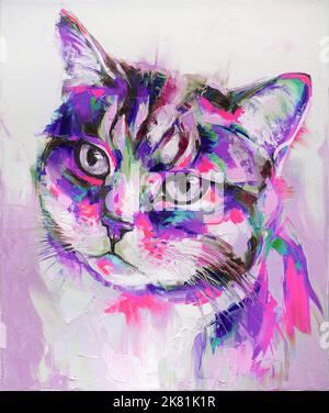 Peinture de portrait de chat d'huile dans des tons multicolores. Peinture abstraite conceptuelle. Gros plan huile de peinture et couteau à palette sur toile. Banque D'Images
