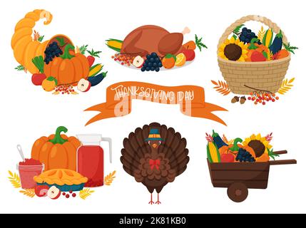 Une composition avec des symboles de Thanksgiving, un plat avec dinde rôtie, un panier avec des légumes et des fruits, une corne d'abondance, une dinde dans un chapeau. Bande dessinée v Illustration de Vecteur