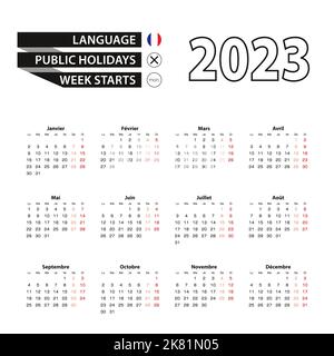 Calendrier 2023 en français, la semaine commence le lundi. Calendrier vectoriel 2023 ans. Illustration de Vecteur