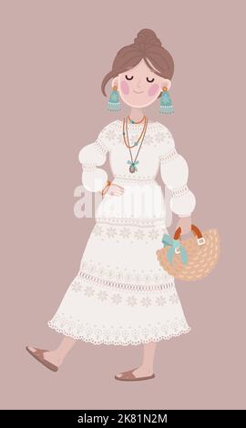 Ensemble boho fille en robe blanche Illustration de Vecteur