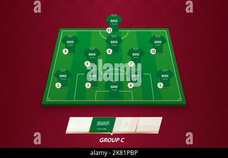 Terrain de football avec équipe d'Arabie Saoudite pour la compétition européenne. Joueurs de football sur un demi-terrain de football. Illustration de Vecteur