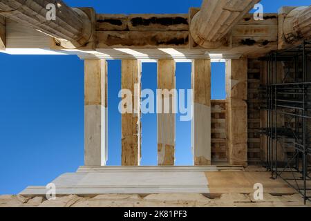 Structure de toit et plafond de Propylaea, porte monumentale de l'Acropole, Athènes, Grèce Banque D'Images
