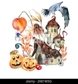 Illustration aquarelle colorée de la maison magique isolée sur blanc. Composition avec petite hutte avec plantes d'automne colorées, citrouille, corbeau, araignée main dra Banque D'Images