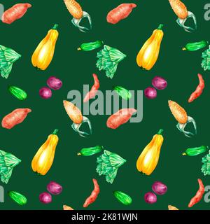 Variété de légumes colorés aquarelle motif sans couture sur foncé. Pommes de terre, courges, concombres, feuilles de légumes, courgettes peintes à la main. Légumes f Banque D'Images