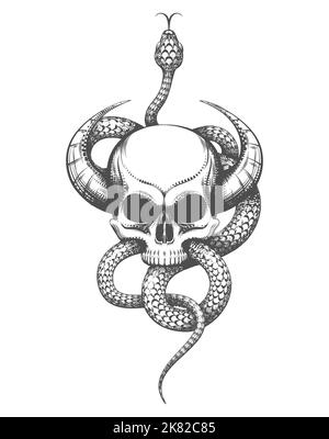 Tatouage de crâne avec corne et serpent isolé sur blanc. Illustration vectorielle dessinée à la main dans le style de gravure. Illustration de Vecteur