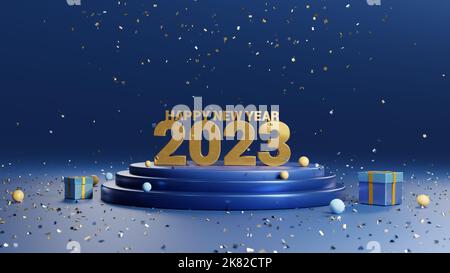 Fond bleu de la nouvelle année 2023 avec 3D lettres dorées, image du concept de la nouvelle année heureuse avec fond brillant Banque D'Images