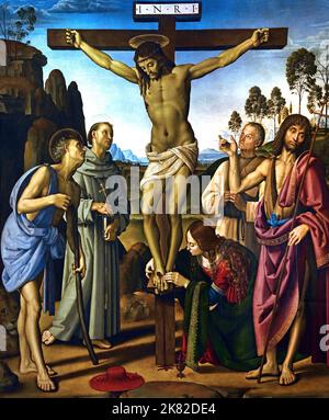 Crucifixion avec St Jérôme, St François, Pietro Perugino, St Mary Magdalene , Magdalenen, St Jean le Baptiste, Bienheureux Giovanni Colombini , 1492 né ,Pietro Vannucci,1446/1452 – 1523, Renaissance italienne, peintre de l'école ombrienne, Italie . Banque D'Images