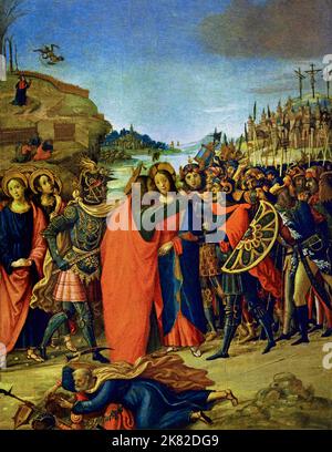 Capture du Christ -l'arrestation de Jésus, 1500 - 10 Maestro di ( Maître de ) 1490-1515 Marradi Florence Italie Florence italienne, Italie. Le groupe d'apôtres, posé en soumission résignée, est contrasté par les soldats avec leur bouche ouverte, leurs yeux affllis de haine, parmi lesquels celui sur la gauche avec le nez déformé et l'oeil rond, obtus est remarquable. Cette caractérisation expressive des visages, typique de la peinture du nord. Banque D'Images