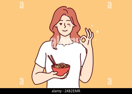 Une jeune femme souriante qui mange de la nourriture asiatique montre tout geste de la main droite. Happy girl bonne nouilles recommander le restaurant. Recommandation. Illustration vectorielle. Illustration de Vecteur