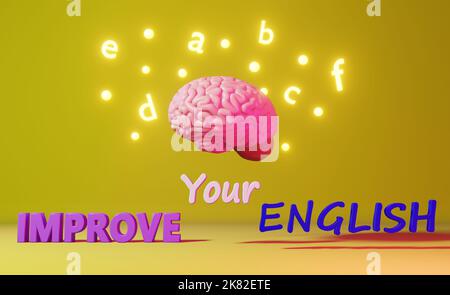 Améliorez votre anglais apprentissage de la maîtrise de la langue étrangère étudier la lettre du cerveau humain fond jaune 3D rendu. Edition de l'application en ligne à distance de la mémoire Banque D'Images