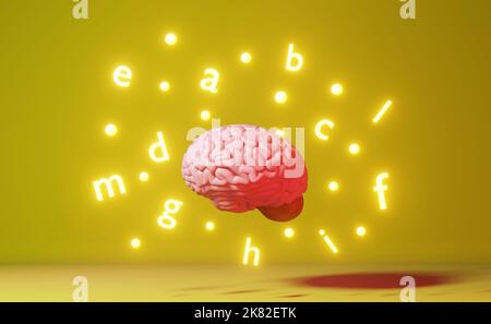Apprentissage de l'anglais amélioration de la maîtrise des langues étrangères étudier les lettres du cerveau humain fond jaune 3D rendu. Edition de l'application en ligne à distance de la mémoire Banque D'Images