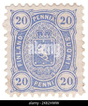 FINLANDE - 1875: Timbre-poste de 20 penni ultra-amarine représentant des armoiries et des cornes de poteau dans un cadre ovale Banque D'Images