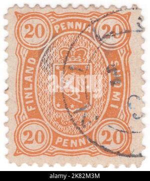 FINLANDE - 1885: Timbre-poste de 20 penni orange représentant des armoiries et des cornes de poteau dans un cadre ovale Banque D'Images