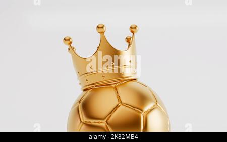 Ballon de football doré portant une couronne dorée. Concept d'équipe gagnante. 3D rendu Banque D'Images