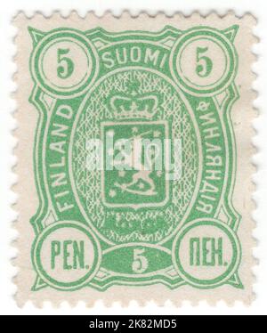 FINLANDE - 1890 : timbre-poste vert de 5 penni représentant des armoiries et des cornes de poteau dans un cadre ovale Banque D'Images