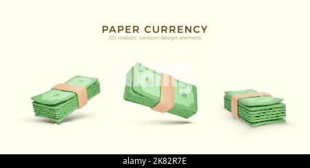 Boîte de monnaie en papier vert. Ensemble de 3D rendu de la pile de dollars US. Argent dollar billet dans le style de dessin animé isolé. Illustration vectorielle Illustration de Vecteur