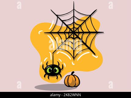 Une jolie araignée noire et une toile d'araignée dessinées à la main Illustration de Vecteur