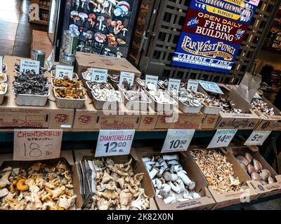 LES PRODUCTEURS DE CHAMPIGNONS COMMERCIALISENT SAN FRANCISCO Organic Mushroom stall dans le Farmers Market Ferry Building Embarcadero San Francisco California USA Banque D'Images