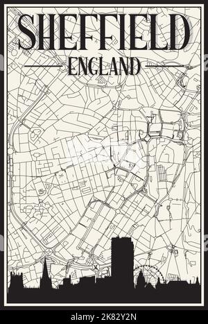 Carte du réseau des rues du centre-ville DE SHEFFIELD, ANGLETERRE, imprimée à la main, d'époque blanche, avec un horizon de 3D rues marron et des lettres Illustration de Vecteur