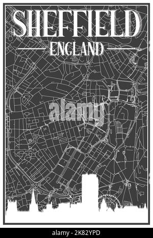 Carte du réseau des rues du centre-ville DE SHEFFIELD, EN ANGLETERRE, imprimée à la main, d'un style noir vintage, avec un horizon de 3D rues marron et des lettres Illustration de Vecteur