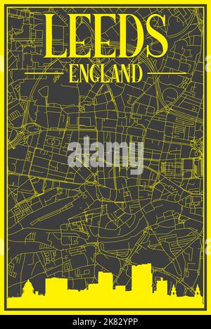 Carte des rues du centre-ville DE LEEDS, EN ANGLETERRE, imprimée à la main en noir et jaune, avec un horizon et un lettrage marron de 3D Illustration de Vecteur