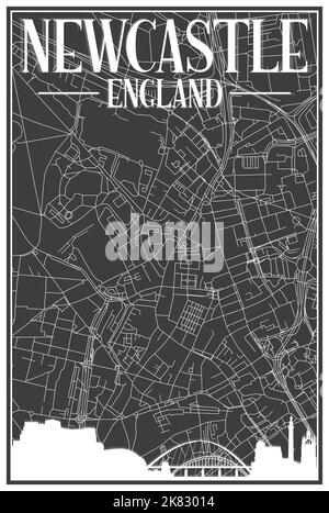 Carte du réseau des rues du centre-ville DE NEWCASTLE, EN ANGLETERRE, imprimée à la main, d'un style noir vintage, avec un horizon de la ville marron de 3D et des lettres Illustration de Vecteur