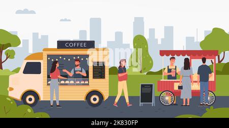 Les gens qui marchent dans le parc et achètent des collations dans les fournisseurs de kiosque. Marché de la cuisine de rue en plein air avec des camions vendant des boissons au café Illustration de Vecteur