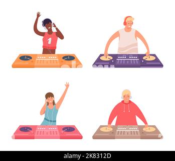 Personnages DJ sur la console. Femme et homme musiciens dans les écouteurs jouant de la musique à la fête. Personnages féminins et masculins Illustration de Vecteur