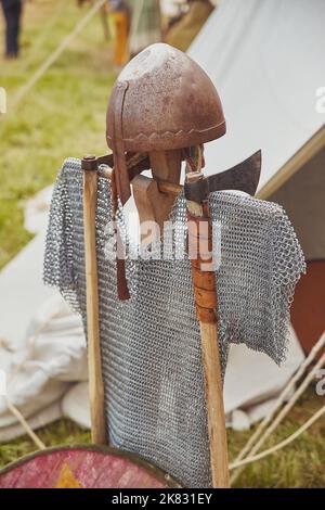 Armes anciennes et armure des Vikings. Viking Festival au Danemark Banque D'Images