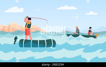 Pêche sportive et hobby. Personnes dans les bateaux gonflables tenant la tige avec le poisson. Hommes ayant des loisirs en vacances Illustration de Vecteur