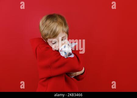 gros plan d'un garçon en costume rouge qui tient un petit chaton dans ses bras et l'embrasse et l'embrasse Banque D'Images