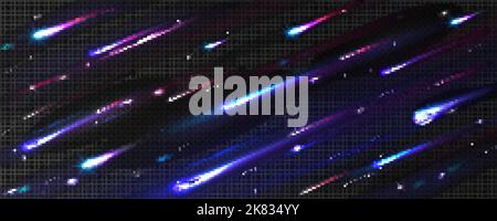 Pluie météore, astéroïdes ou météorites volant dans le ciel. Comètes lumineuses avec traces de flamme isolées sur fond transparent. Chute de météores dans l'espace, bur Illustration de Vecteur