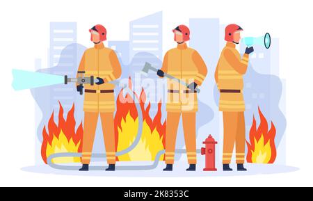 Groupe d'équipe du service d'incendie à plat. Caractères mâles en équipement de maintien uniforme comme tuyau, hache et mégaphone Illustration de Vecteur