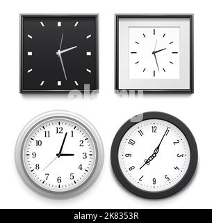 Horloges réalistes accrochées au mur. Horloges classiques rondes et carrées avec cadres noir et argent. Composer avec chiffres et sans Illustration de Vecteur