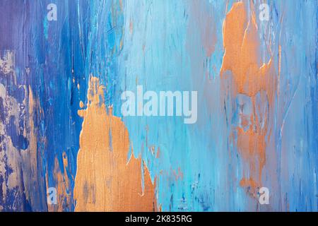 Couleur abstraite peinture acrylique arrière-plan avec des traits bleus et dorés à la main Banque D'Images