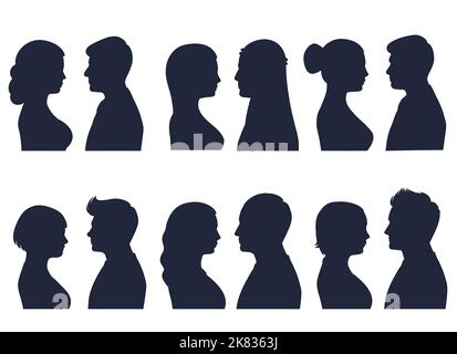 Têtes en profil. Différentes têtes humaines, hommes et femmes avec différents coiffures Silhouette simple personnes Portraits Illustration de Vecteur